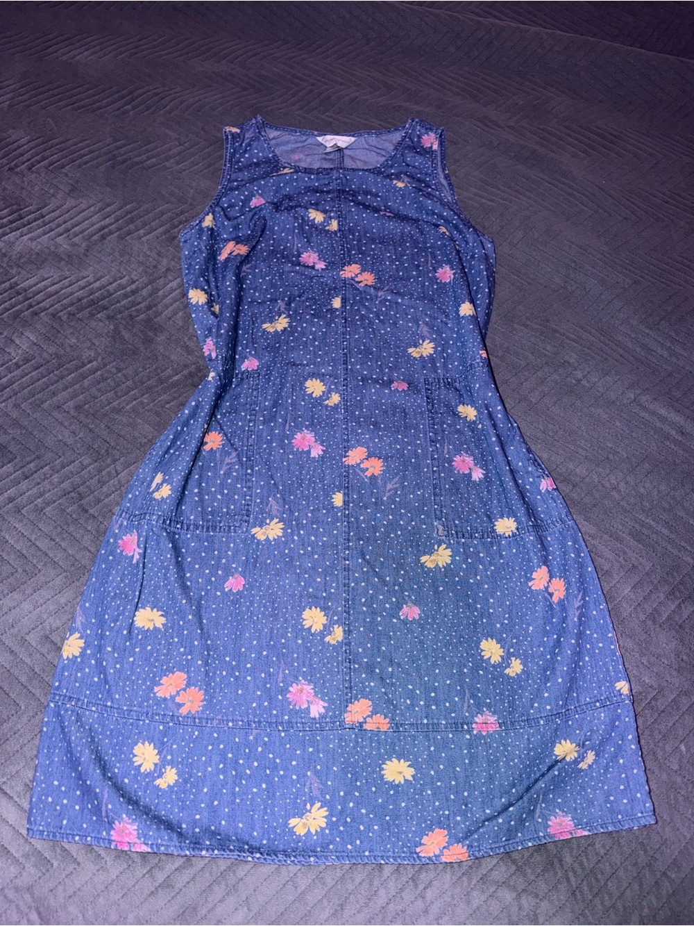 Christopher & Banks floral polka dot denim look sleeveless dress size S pockets